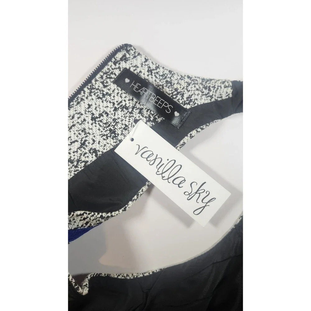 Heart Beeps 2 Pc Vest & Skirt Set Size L Black & White Speckle W Blue Stripe NWT
